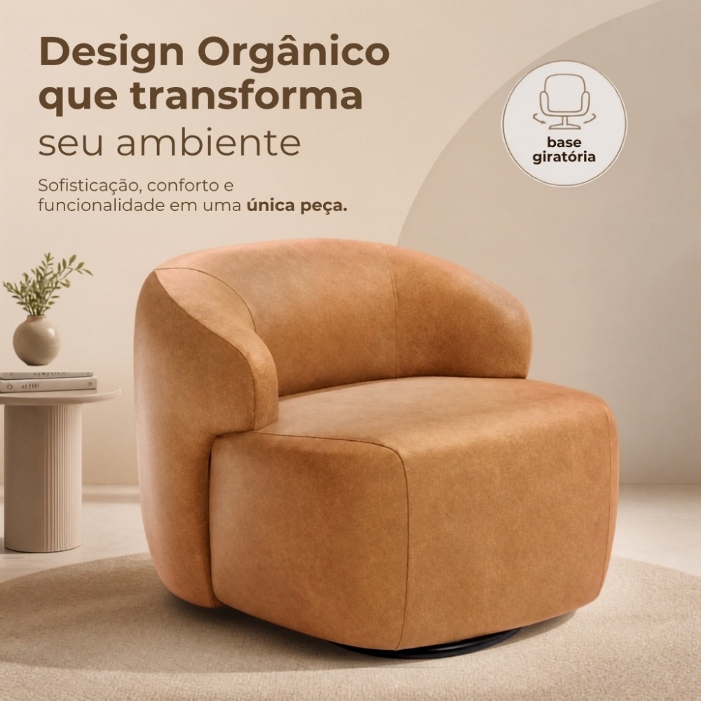 Poltrona Decorativa Orgânica Giratória Para Sala Living Barolo L06 Couro Camel - Lyam Decor