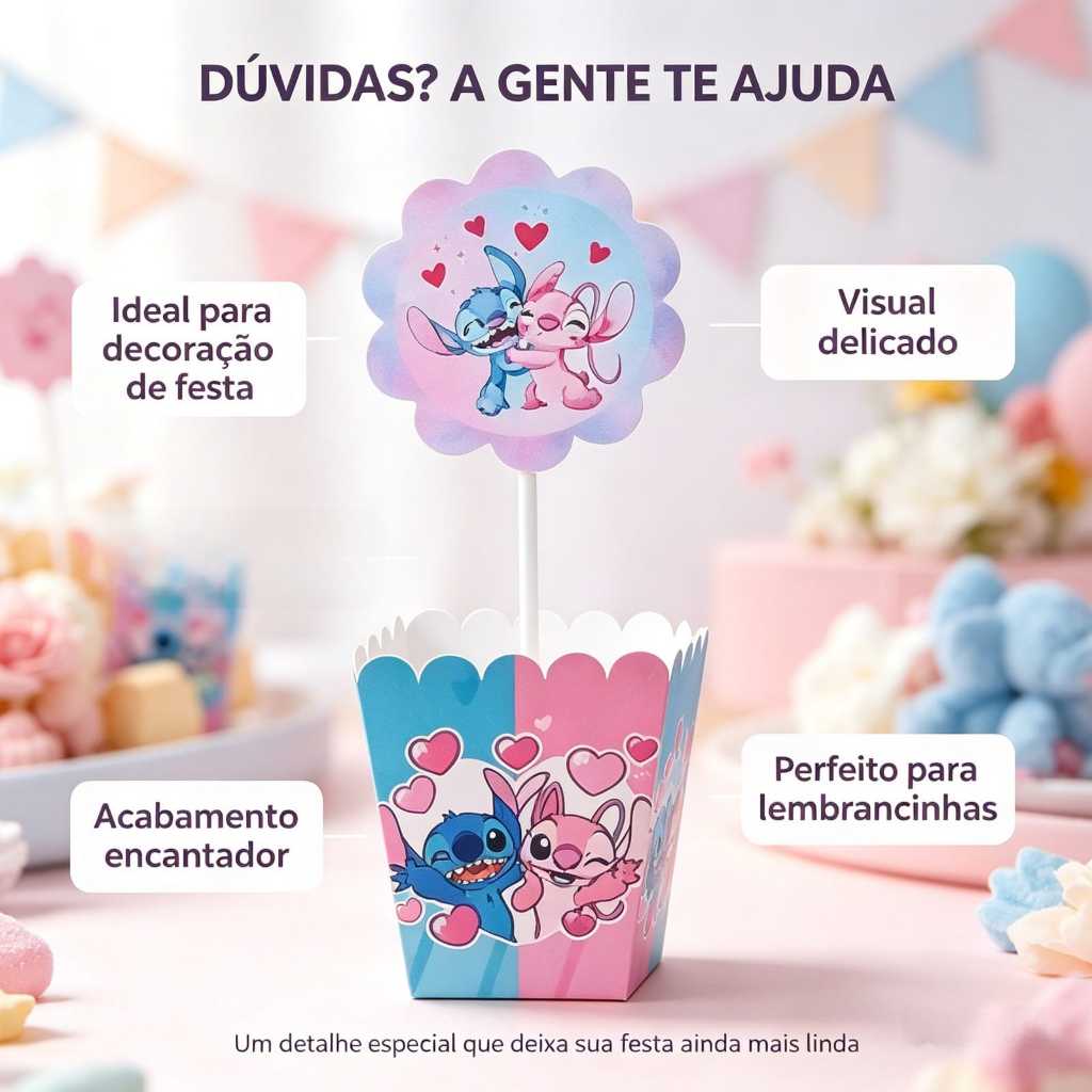 Centro de Mesa Cachepô Personalizado Stitch e Angel Festa Infantil, Lembrancinha Criativa, PEGUE E MONTE