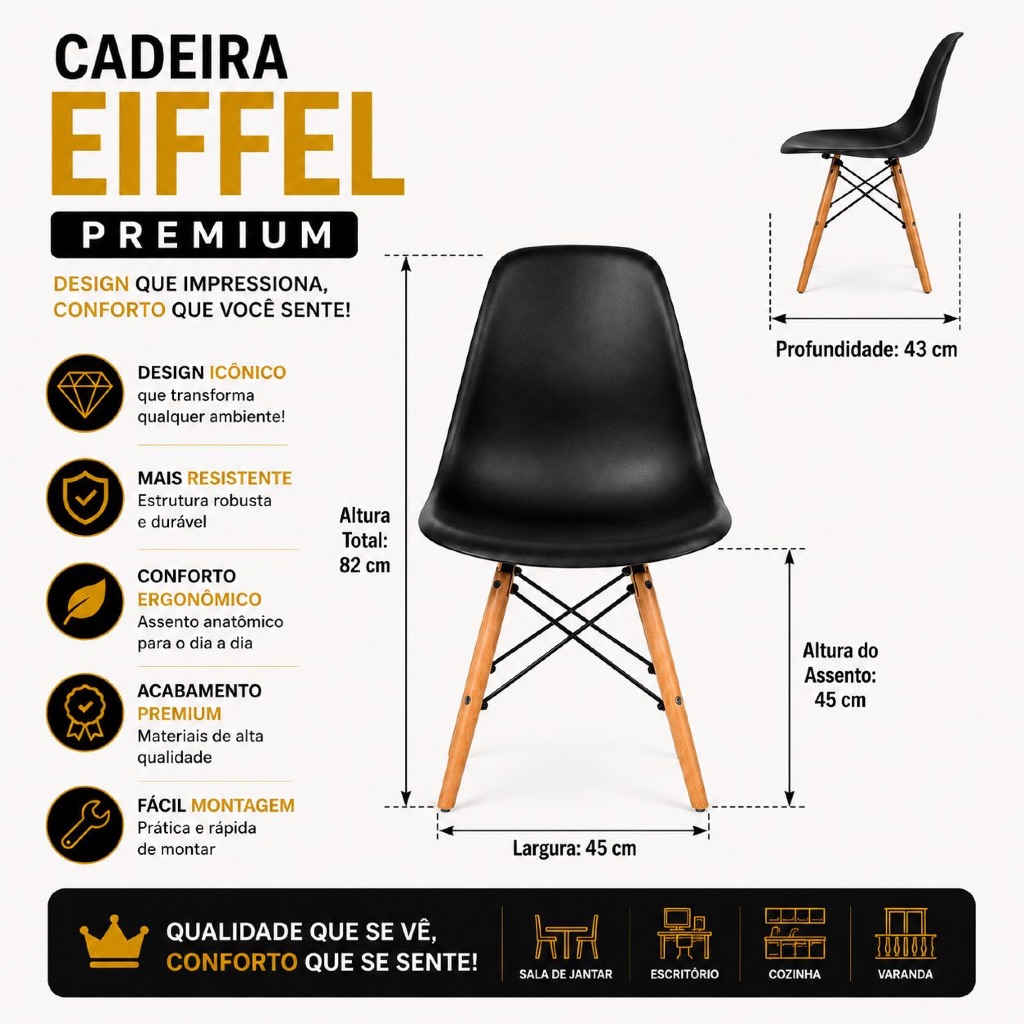 Cadeira Eames Eiffel 1,2 e 4 Pés de Madeira Várias Cores Escritorio Sala Escrivaninha
