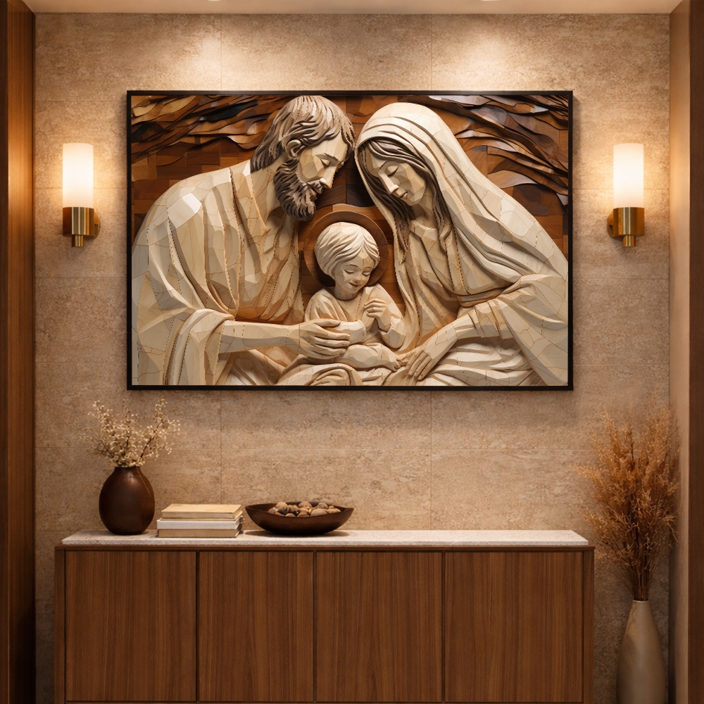 Quadro Decorativo Família Sagrada 120x80cm 1 Tela Com Moldura Para Sala Quarto Escritório