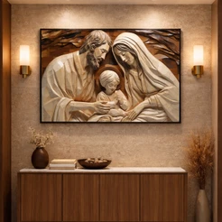 Quadro Decorativo Família Sagrada 120x80cm 1 Tela Com Moldura Para Sala Quarto Escritório