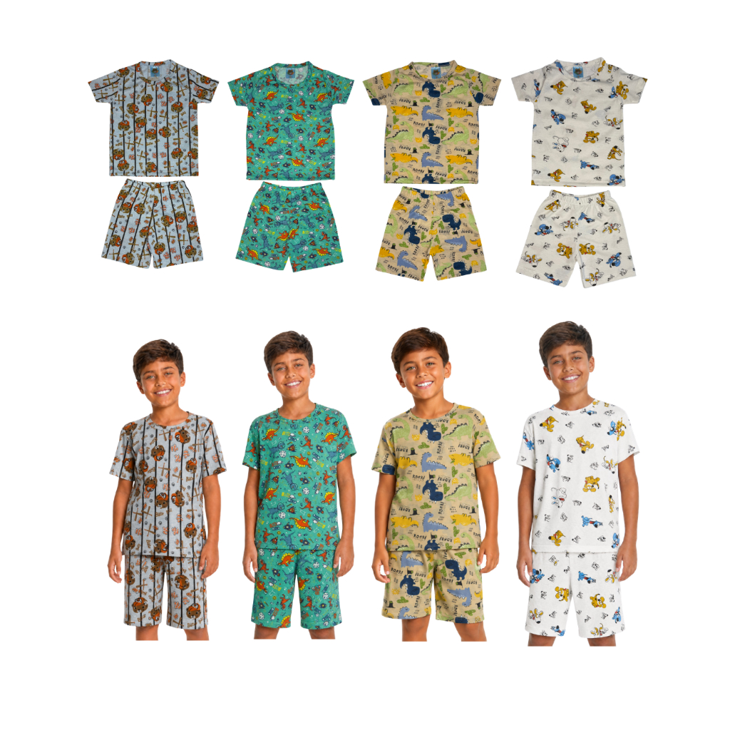 2 Conjuntos Pijama Sortido Verão Infantil Menino 2 Blusas 2 Bermudas 100% Algodão Tamanho 1 ao 10 anos