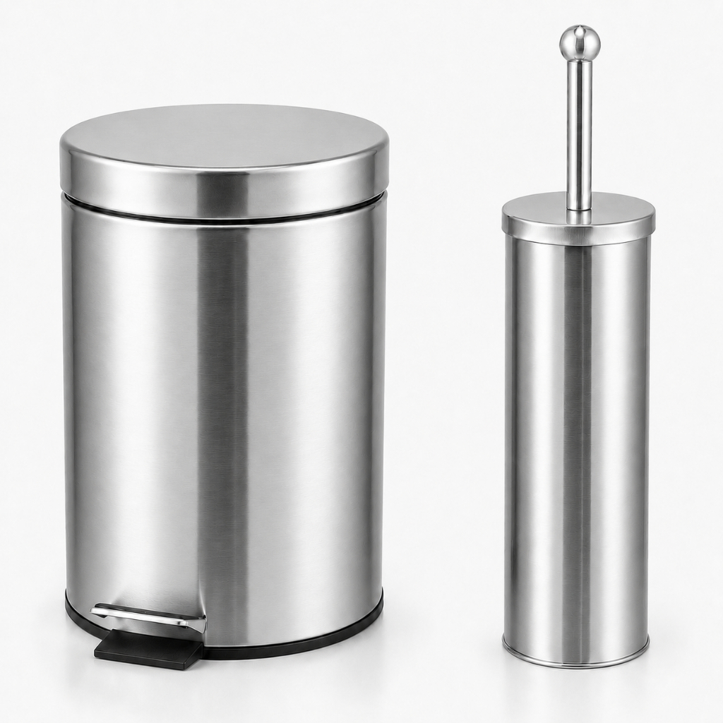 Kit Lixeira 3L Com Pedal e Escova Sanitária Fechamento Suave Banheiro Premium Inox Prata Brinovar