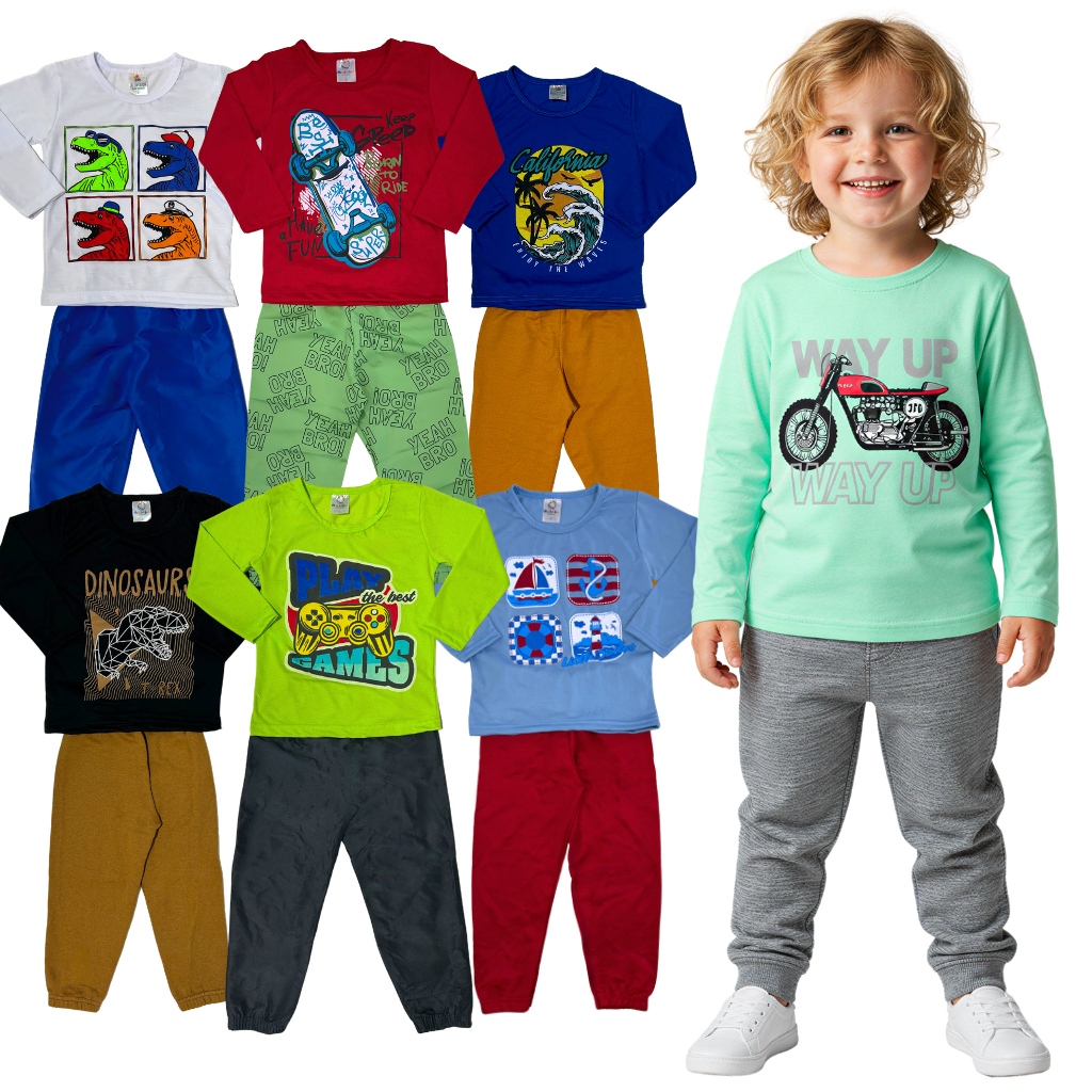 Kit 4 ou 6 Peças 2 ou 3 Conjunto Roupa Infantil Menino Manga Longa Masculino Blusa + Calça