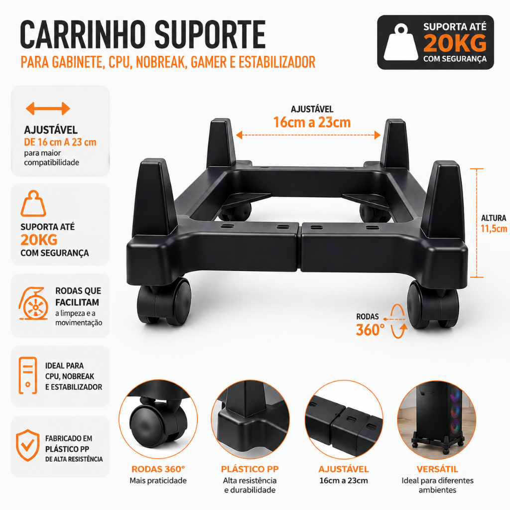 Carrinho Suporte para Cpu Nobreak Gamer estabilizador com rodinhas Force Line