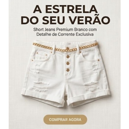 Short Jeans Feminino Premium Branco Cintura Alta Destroyed com Corrente Estilo Blogueira, Moda Gimenes