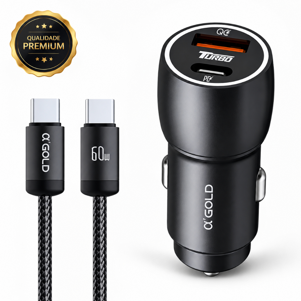 Kit Carregador Veicular Turbo 60W α’GOLD Pro + Cabo Tipo-C | USB-C PD QC 4.0 | Carga Rápida