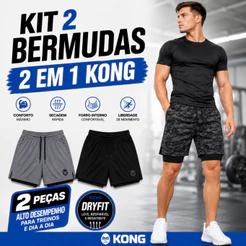 Kit 2 Bermudas Masculinas 2 em 1 Premium Kong Com Suporte para Toalha e Bolso para Celular