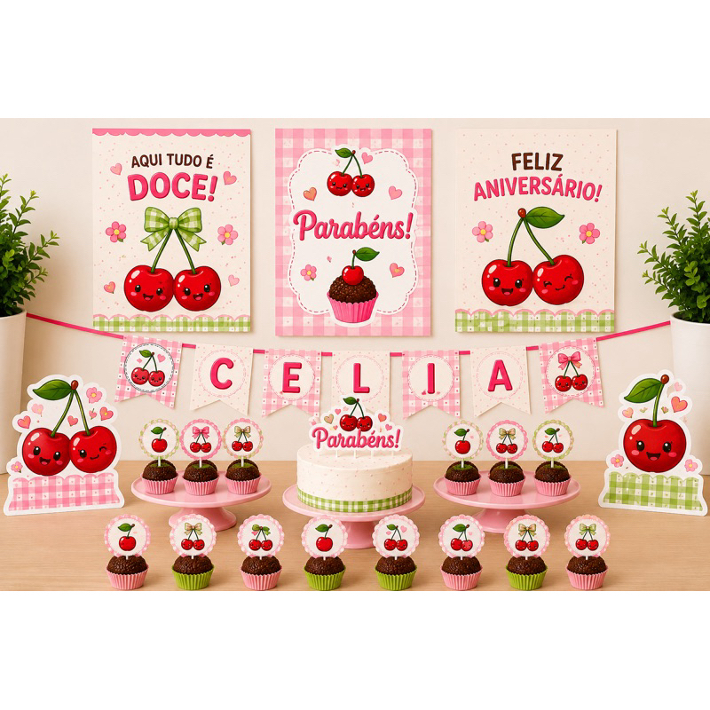 🍒 Kit Só Um Bolinho – Tema Cerejinha | Decoração de Festa Infantil 🍒