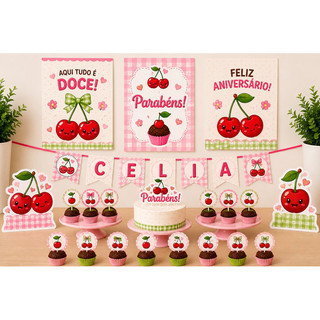 🍒 Kit Só Um Bolinho – Tema Cerejinha | Decoração de Festa Infantil 🍒