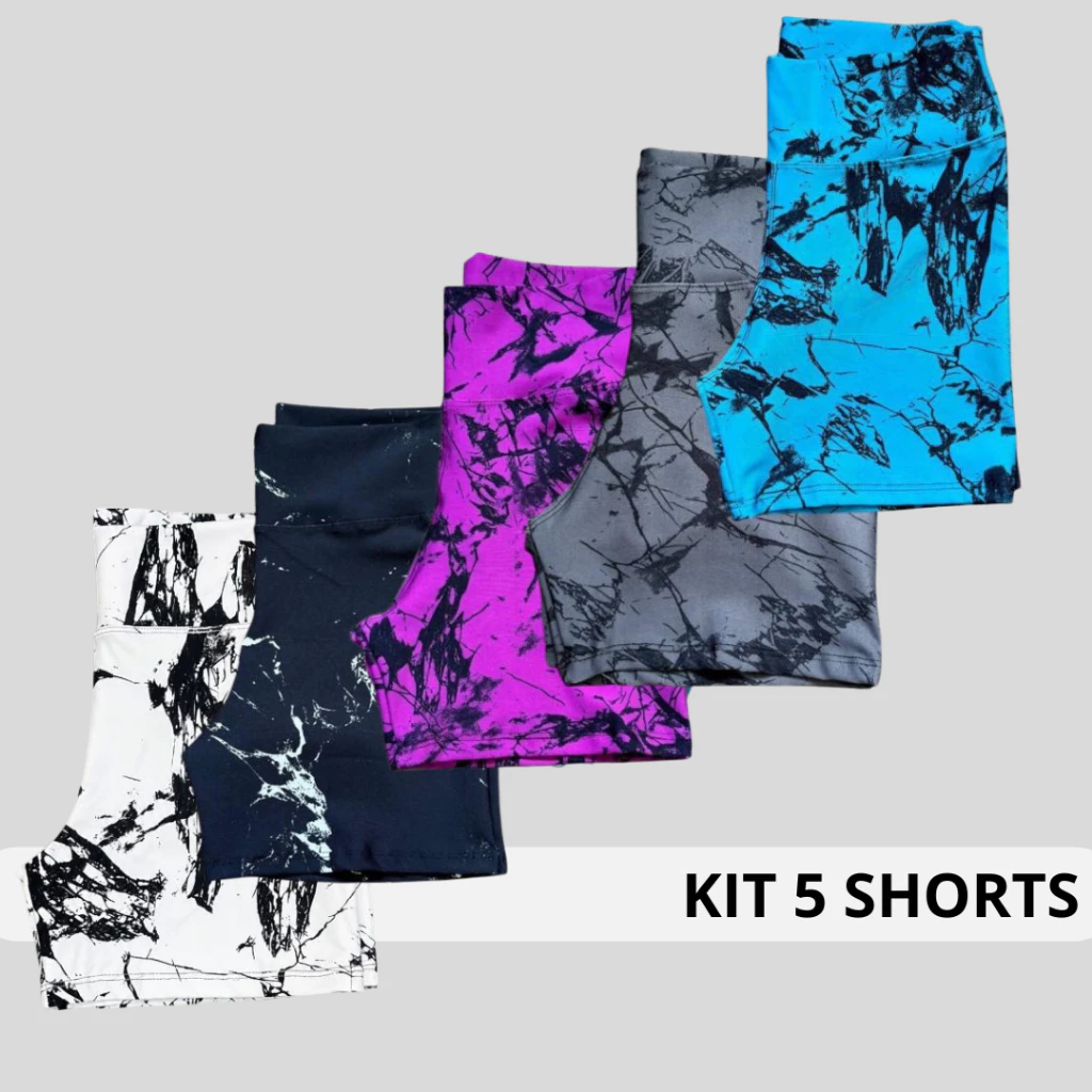 Kit 5 Shorts Fitness Marmorizado Feminino Cintura Alta Academia Corrida Caminhada Premium Tendência — imagem 1