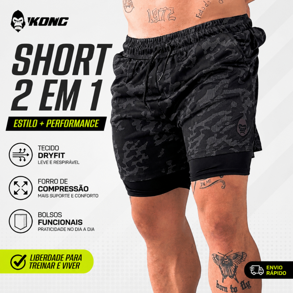 Short 2 em 1 Kong Masculino Forro Compressão Bolso Celular Academia Treino Corrida Suporte Toalha Dryfit