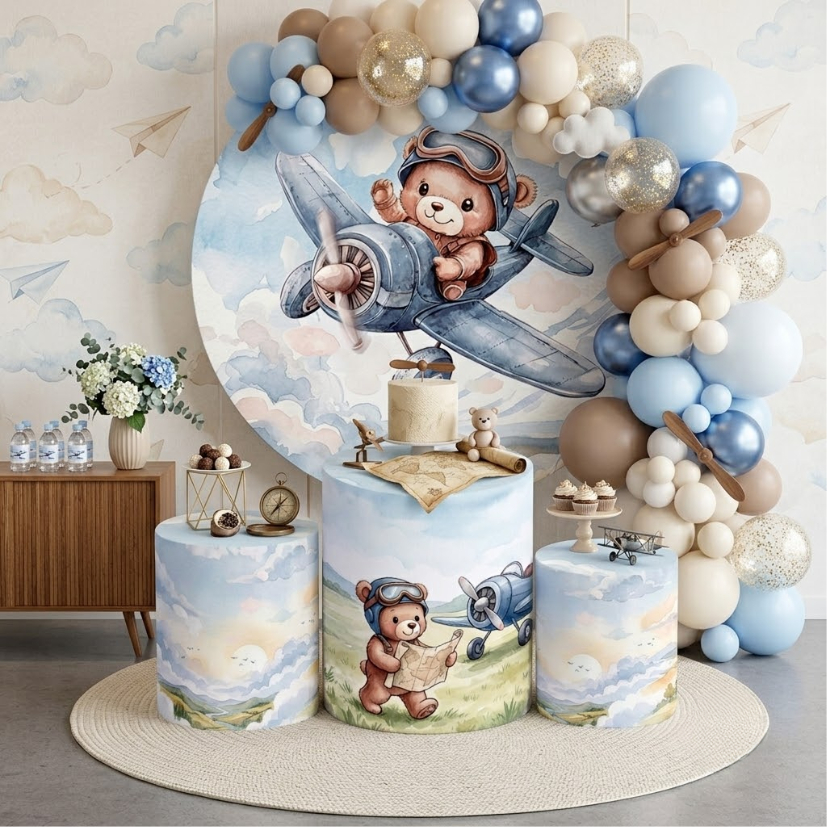 Capas Festivas Painel Redondo Trio de Cilindro Ursinho Aviador Festa Bebê Infantil Chá de Bebe Oferta