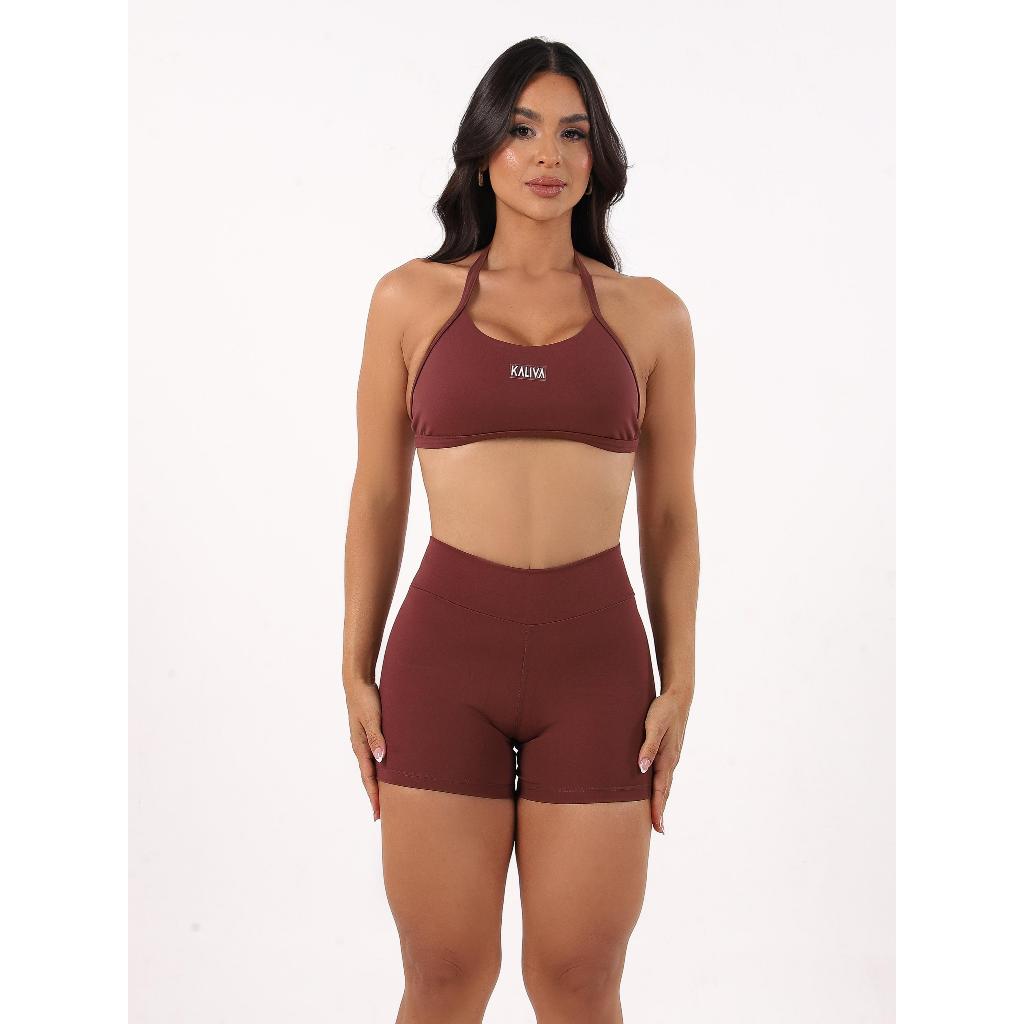Short Curto e Top Poliamida Halter Costa Aberta Mini Short Empina Bumbum Roupa de Treino Conjunto de Academia — imagem 2 de 2