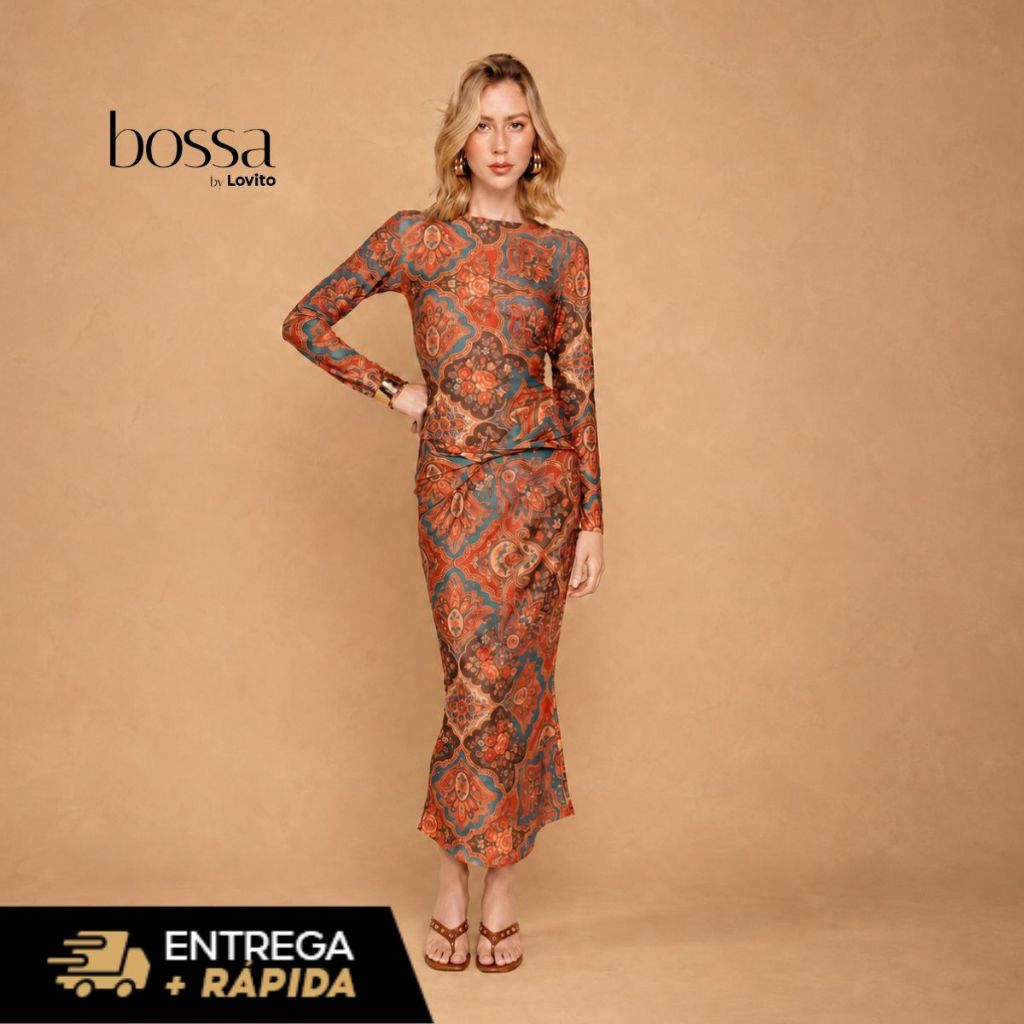 Lovito Bossa Vestido Longo Feminino Estampado Com Pala Dobrada DRB19822014