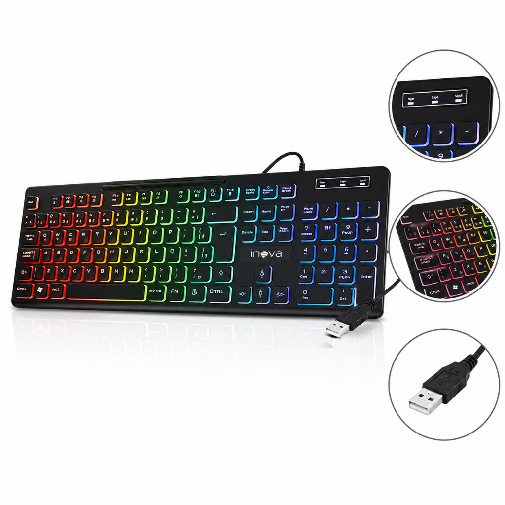 Teclado Gamer LED com fio RGB Multimídia Original Inova