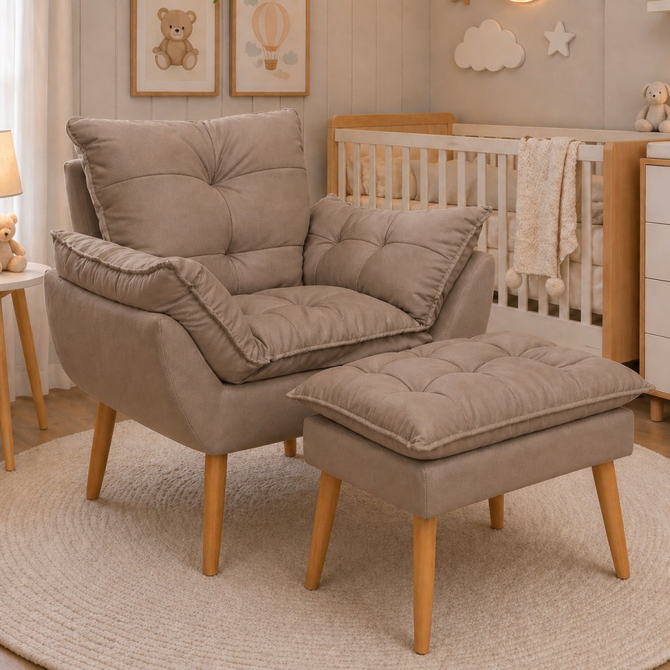Poltrona + Puff Kit Quarto de Bebê Feito com Tecido Suede Fibra de Silicone Pés Palito - Gf Móveis