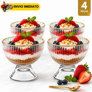 Taça de Sobremesa Fio Dourado Vidro Relevo Elegante Mesa Posta Para Sorvete Mousse Doces Gourmet