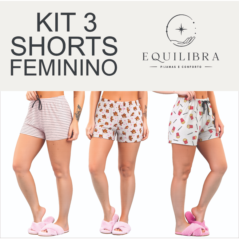 Kit 3 Shorts Estampados Feminino SORTIDOS PV Pijamas Feminino Short Doll Confortável Variados De Verão