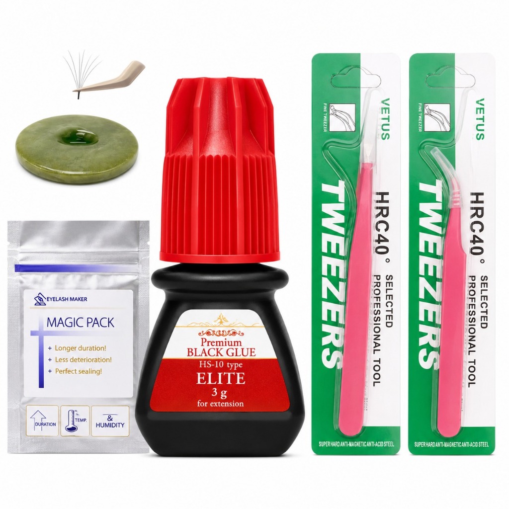 Kit Cola Elite Premium Hs-10 3ml Alongamento Cílios Profissional com Pedra Jade e Par de Pinças