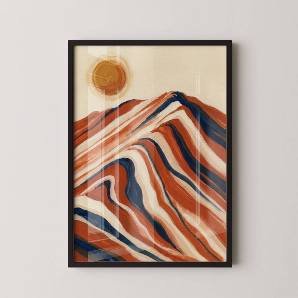 Quadro Decorativo Arte Minimalista Sol Montanha Com Moldura