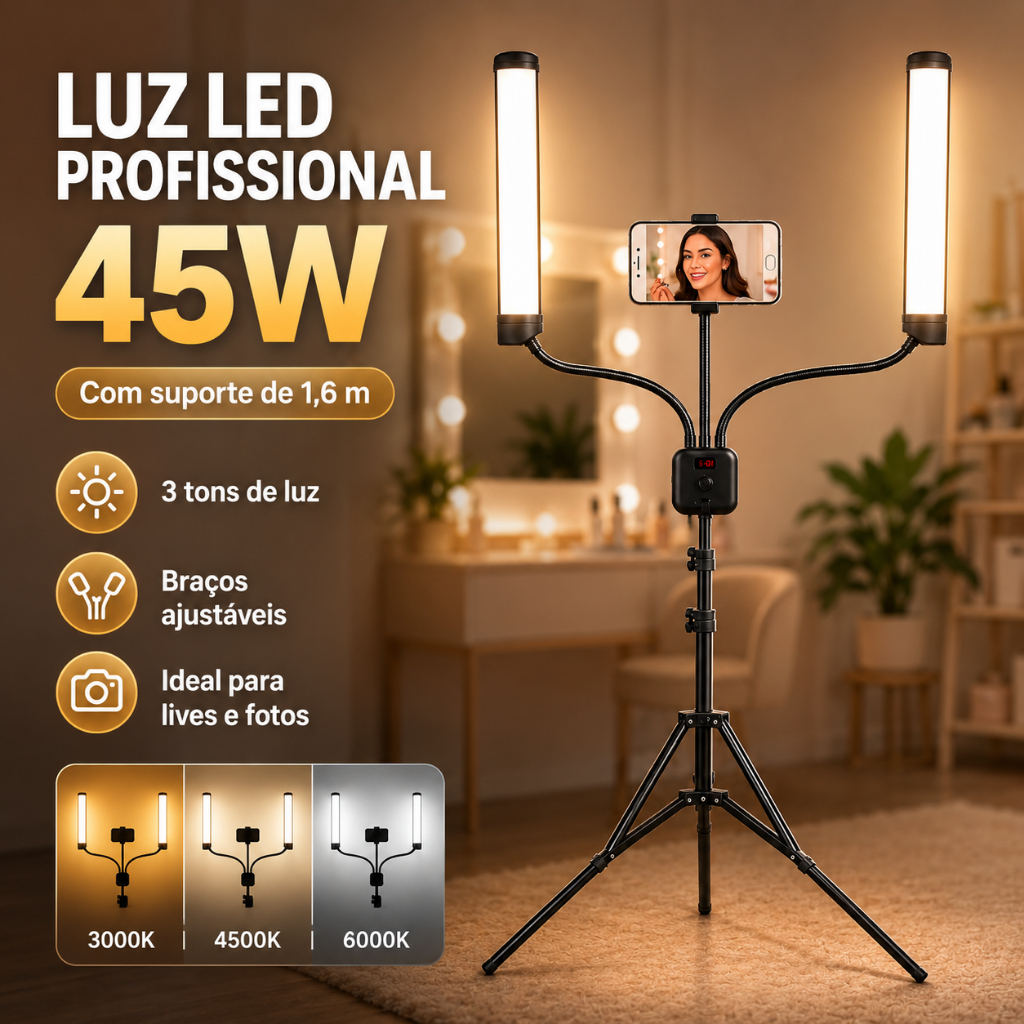 Anel de Luz com Tripé de Chão e 2 Braços, 45W Bicolor (3000K-5600K) com Controle Remoto e Suporte para Celular