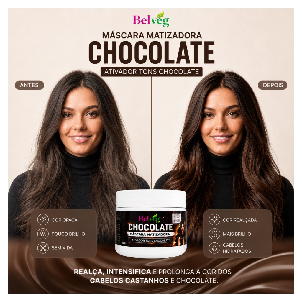 Máscara Matizadora para cabelos castanhos ao acobreados na cor CHOCOLATE ,realça a cor, e hidrata. pote de 300g — imagem 2 de 2