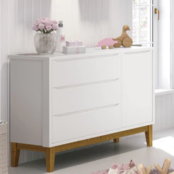 Cômoda Sapateira Quarto Moderna Classic New 3 Gavetas 1 Porta Branco Fosco com Madeira - MoveisAqui