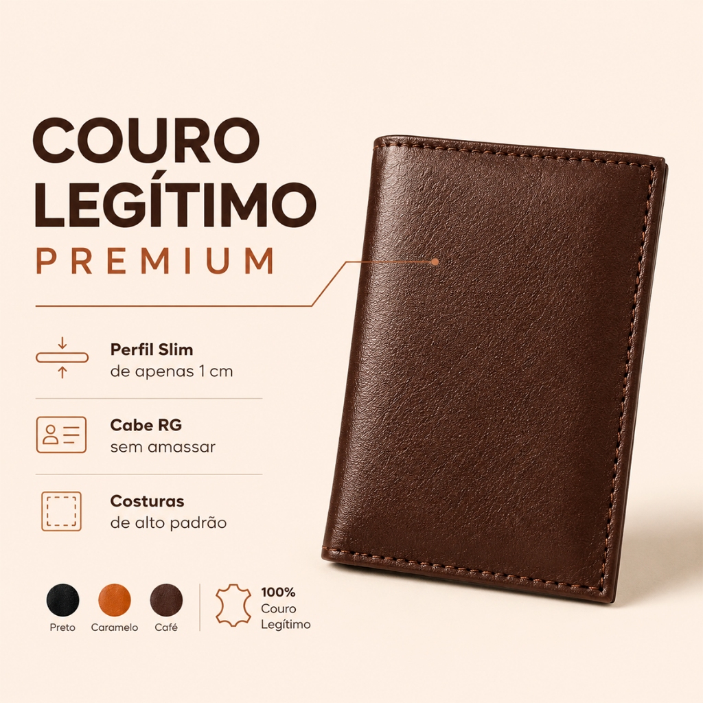 Carteira Masculina Eddias Essencial Couro 100% Legítimo Porta Cartão Documento CNH RG