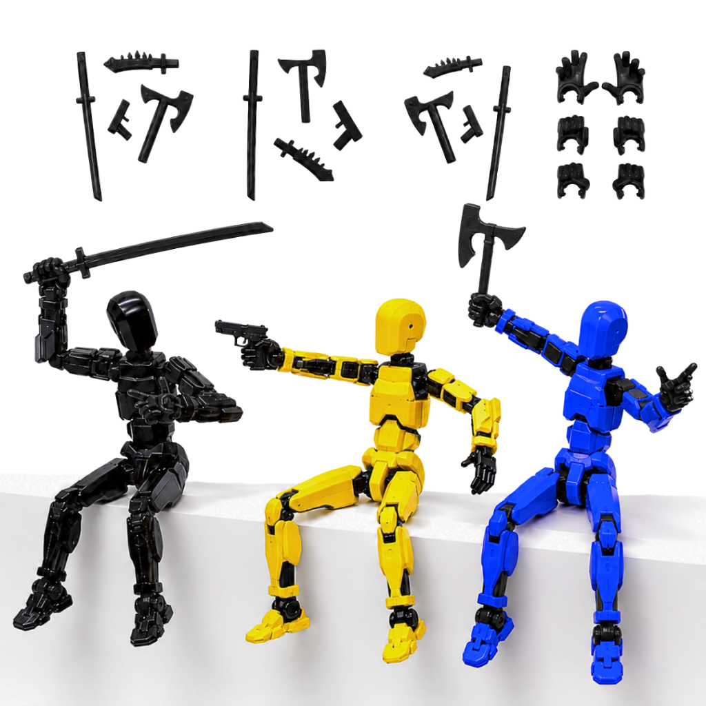 Kit 3 Bonecos Articulado Dummy 13 Decoração + Kit Arsenal Armas Completo Machado Espada Facão Action Figure