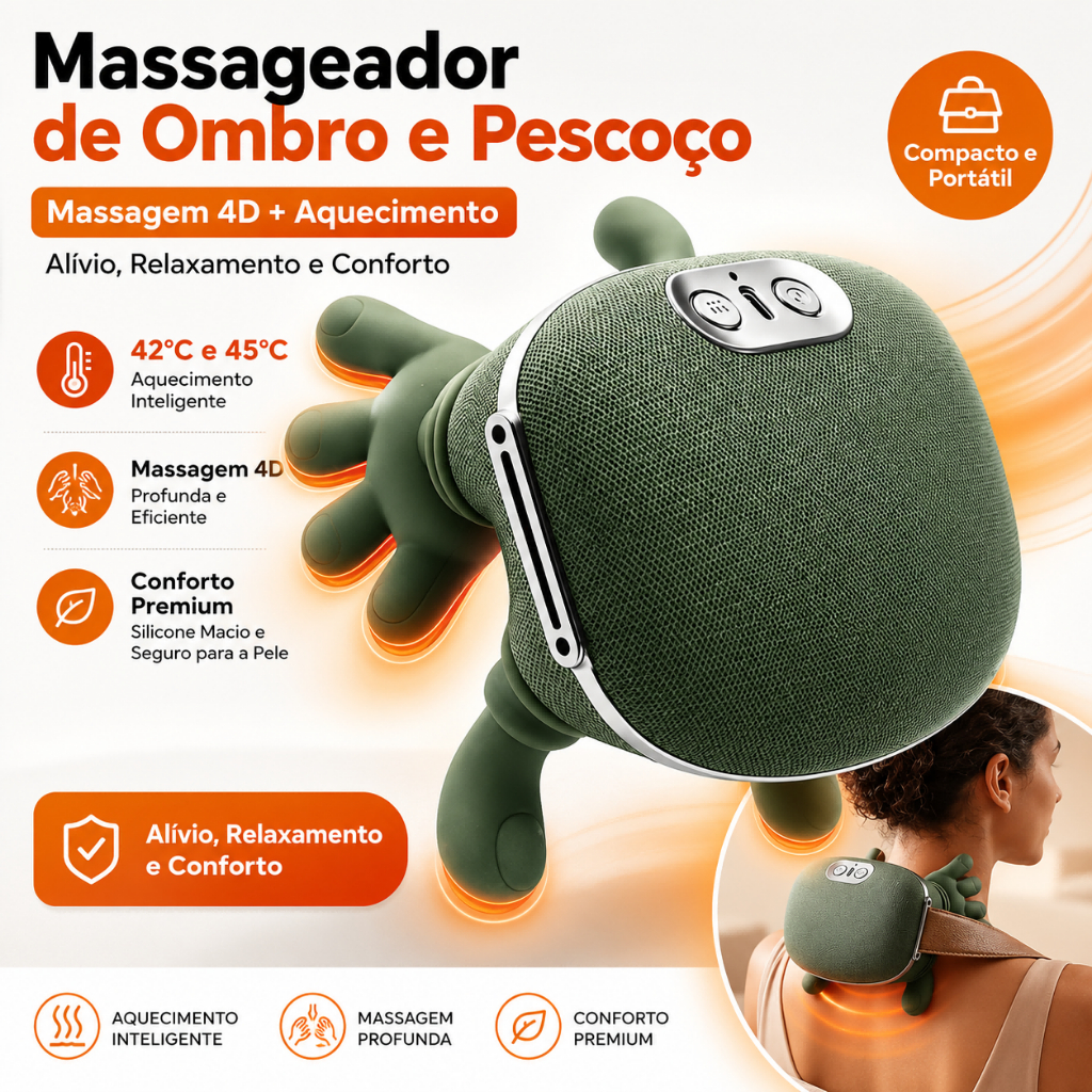 Massageador Cervical 4D Elétrico com Aquecimento para Pescoço e Ombros Recarregável Portátil