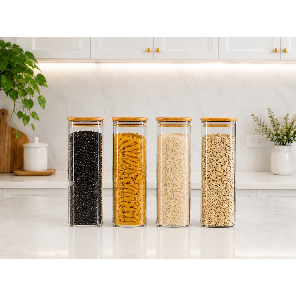 kit 4Potes Hermético Organizador 2000 ML Quadrado com Tampa de Bambu – Porta Mantimentos Transparente para Cozinha