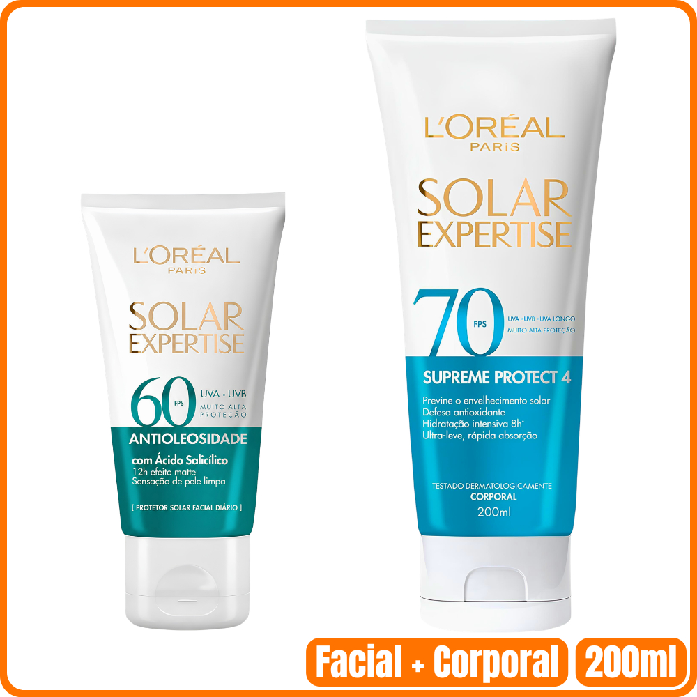 Kit com Protetor Solar Facial Loreal Expertise Antioleosidade FPS60 com 25g + Corporal Supreme Protect 4 FPS70 com 200ml