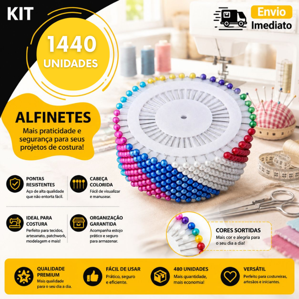 Alfinete com Cabeça Colorido Para Costura Artesanato Premium Utilidades Alfinetes