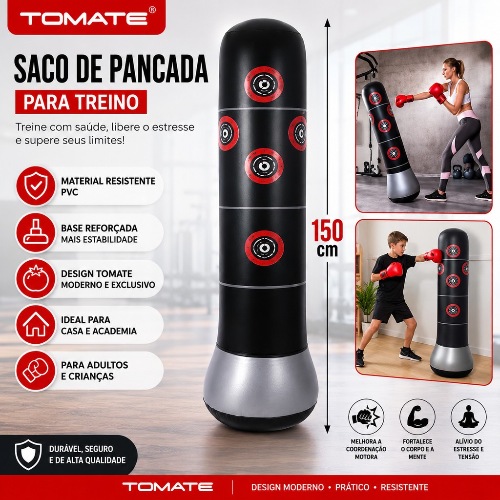 Saco de Pancada Inflável para Treino Boxe Fitness 150cm com Base Reforçada para Adultos e Crianças
