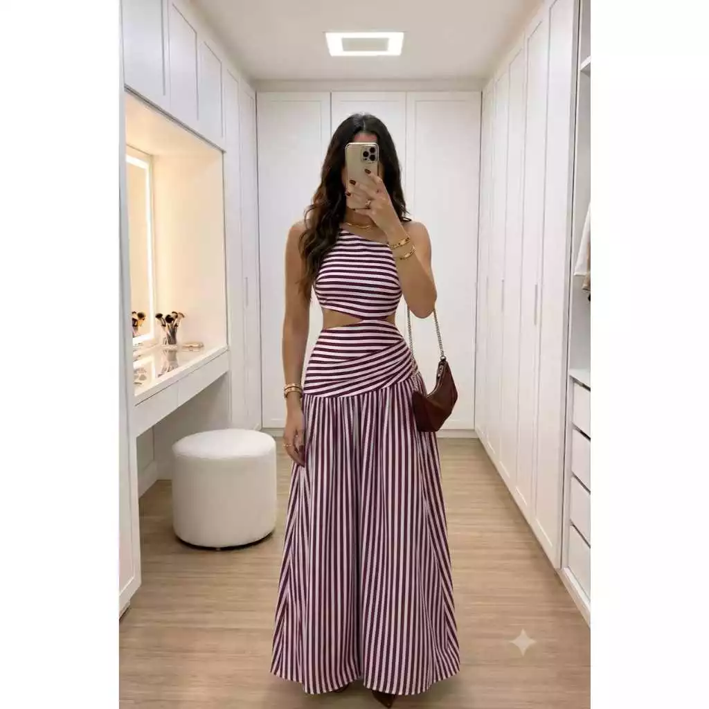 Vestido Longo Feminino Listrado Assimetrico com Costas Abertas Amarração e Recorte na Cintura — imagem 1