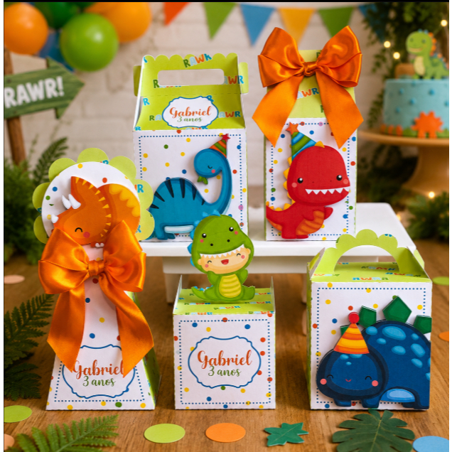 Kit Caixinhas Personalizadas Dinossauro | Lembrancinha| Todos tema| 5 modelos de caixinhas – Montado com Laço