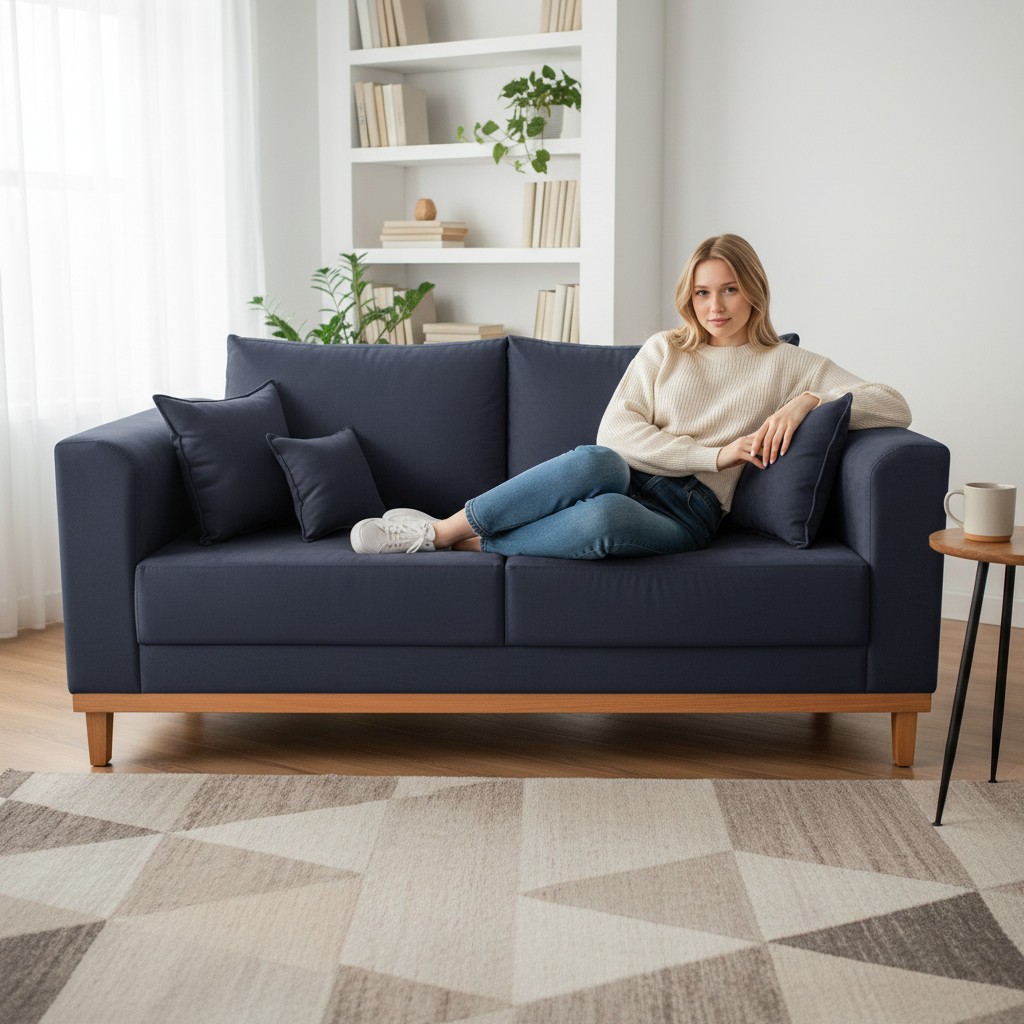 Sofá 3 Lugares Retro Sala de Estar Beny Suede Azul Marinho Madeira Estofados