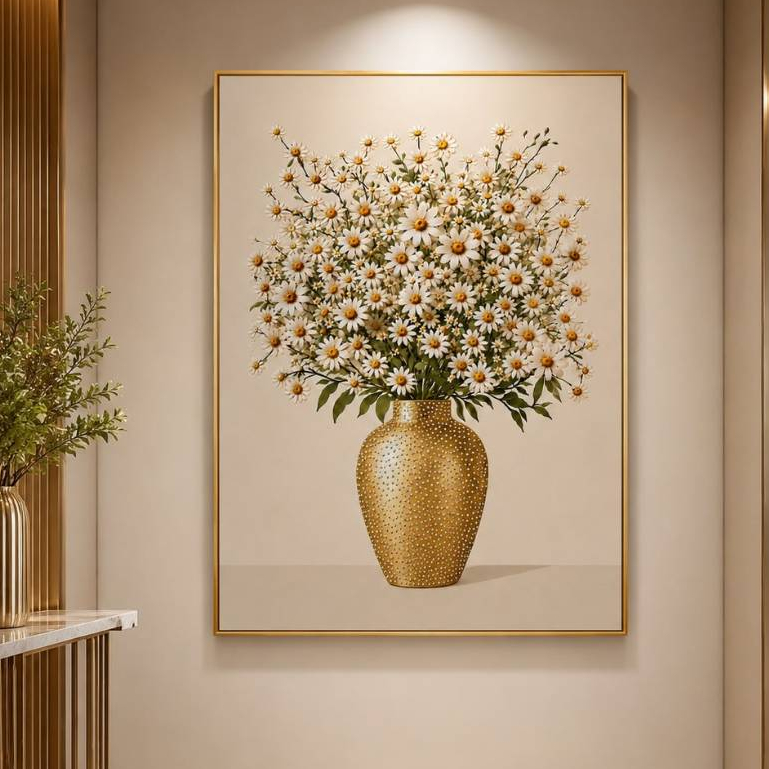 Quadro Decorativo Grande 1,10x70 CM Margaridas Brancas em Vaso Dourado Arte Floral Moderna Chique