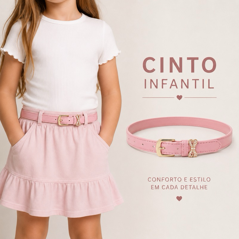 Cinto Infantil Feminino Social Couro Sintético Ajustável com Fivela Dourada Luxo