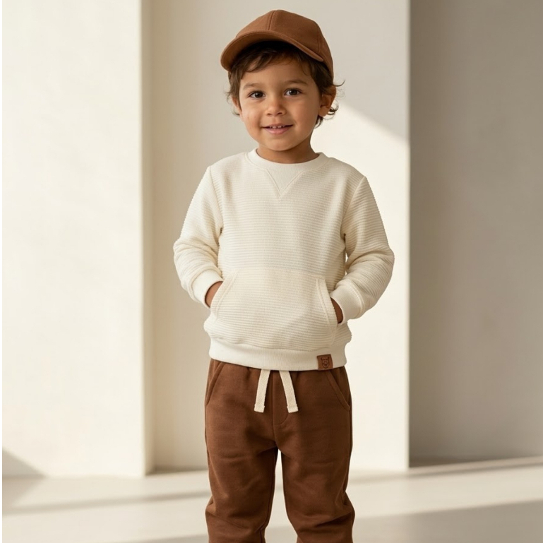 Conjunto Infantil Menino Blusa Malha Texturizada + Calça Moletom Felpado 2 peças Inverno Estiloso