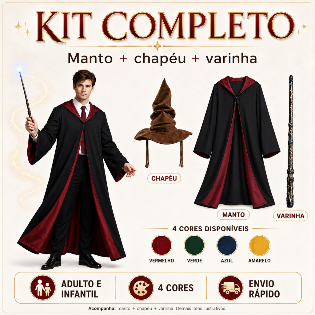 Fantasia Harry Potter Adulto Infantil Kit Completo Manto Chapéu Varinha Halloween Carnaval