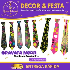 Kit 10 Gravatas Neon Brilha Luz Negra Cores Sortidas Festa Retrô Balada Carnaval