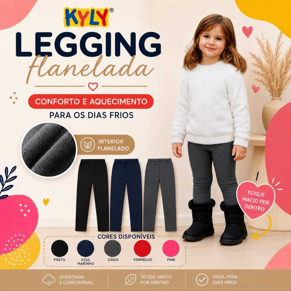 LEGGING KYLY INFANTIL FLANELADA  MOLECOTTOM 4 A 16 ANOS ESCOLA INVERNO