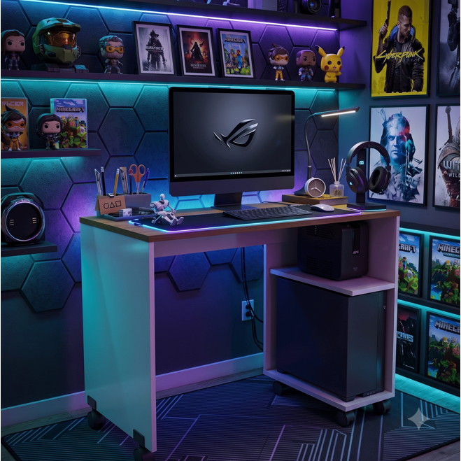 Mesa gamer Beauty escrivaninha com nicho gabinete e rod&iacute;zios