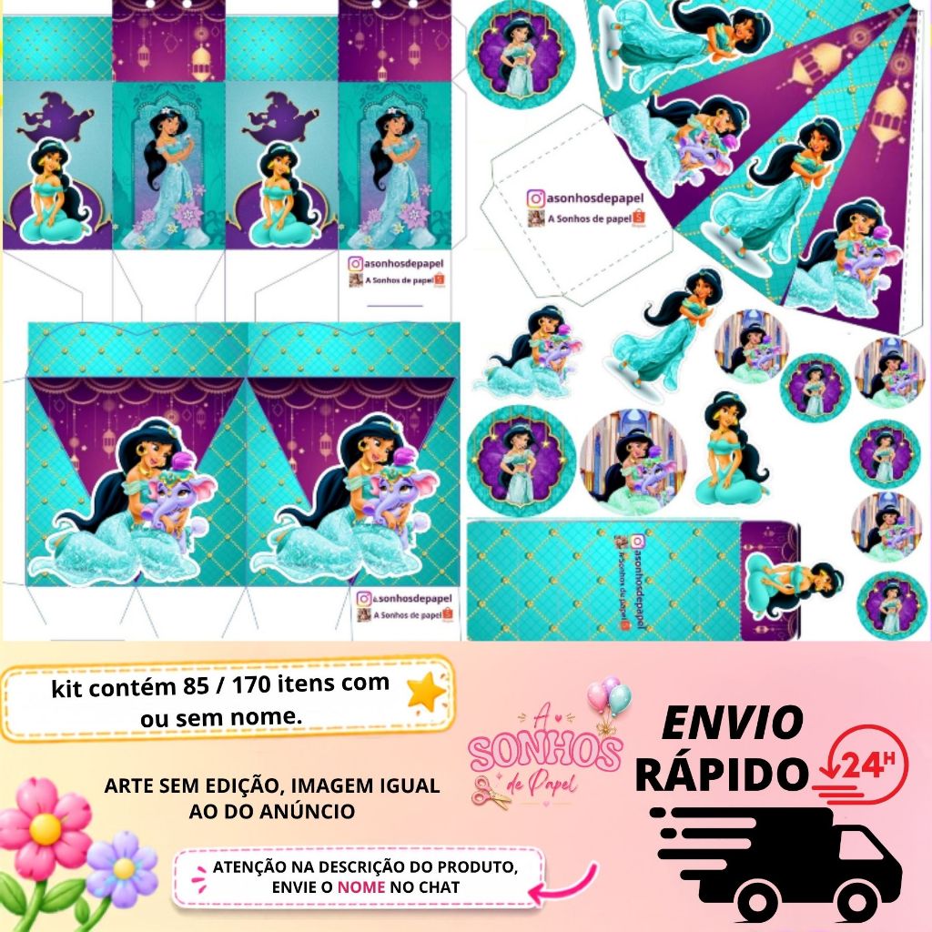 KIT COM 85 OU 170 ITENS LEMBRANCINHA PERSONALIZADA TEMA: PRINCESA JASMIM / ALADIM DISNEY ENVIO RAPIDO
