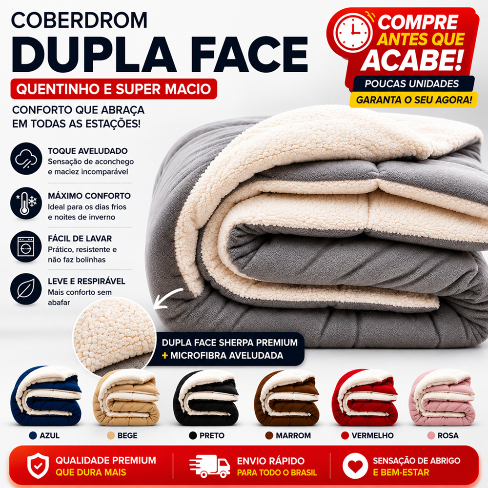 Coberdrom Alaska 2,40m x 2,20m Casal Queen Cobertor Dupla Face Manta Soft Aveludada Pele Carneiro