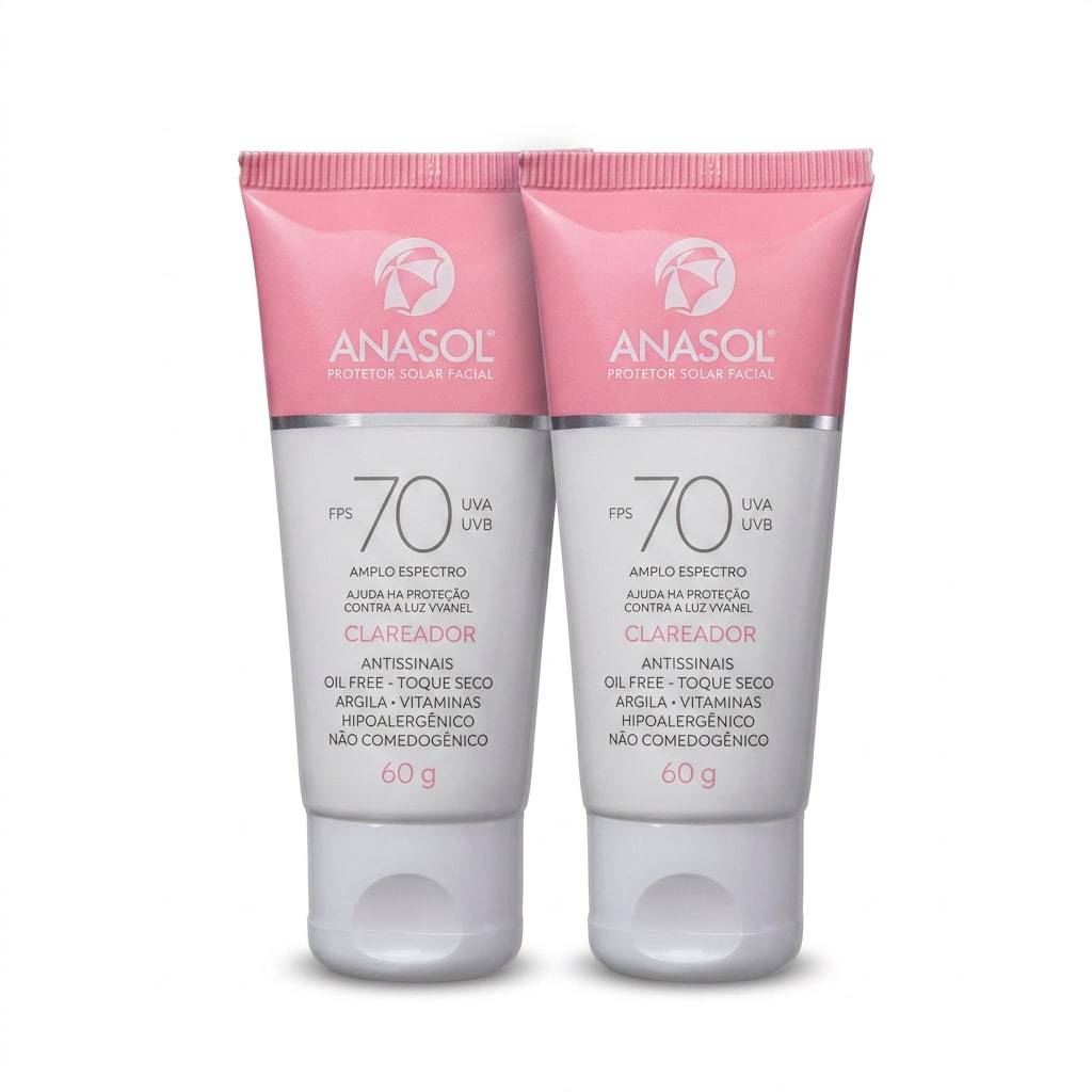 Kit 2 Protetor Solar Facial FPS70 Toque Seco Anasol 60g Clareador em Creme