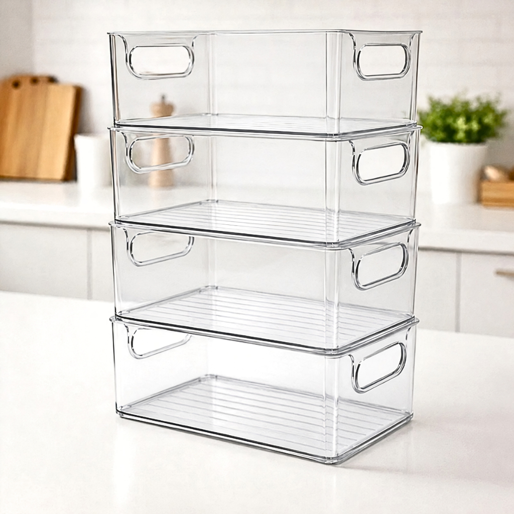 Kit 4 Organizador de Armário Multiuso Transparente Empilhável Gaveta Cozinha Despensa Geladeira