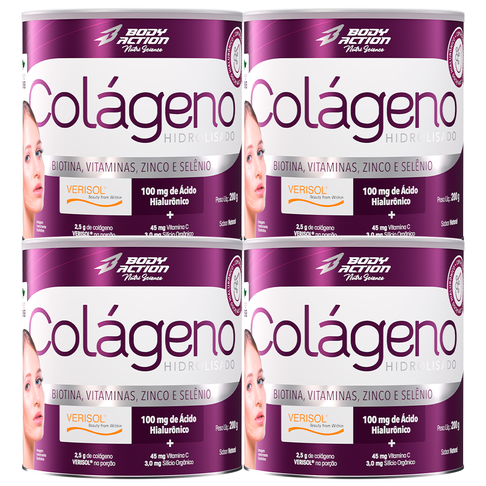 Kit 4x Colágeno Verisol Ácido Hialurônico Pote 200g Com Silício Orgânico e Biotina - Bodyaction